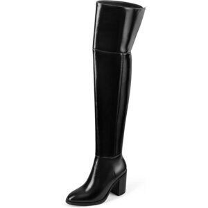 Women Black Pu Over the Knee Square Toe Chunky Heel Patent Leather Long Boots